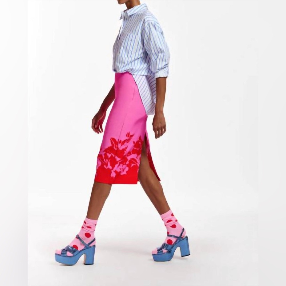 Bright Pink Midi A-Line Skirt with Red Floral Hem